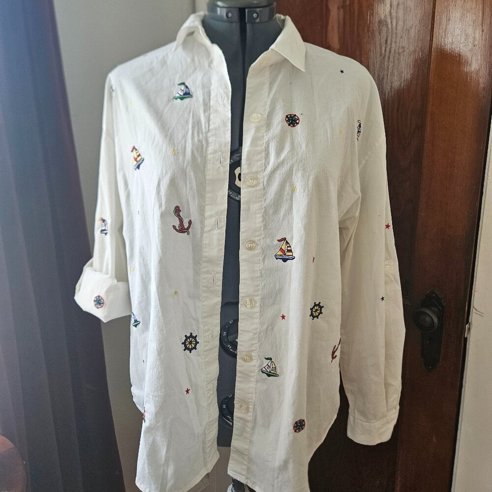 Vintage Nautical Embroidered White Button Up